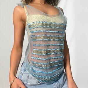 Italian Designer - Vintage 2000s tulle baby blue beaded tank top (S) ballet